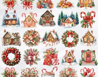 Watercolor Christmas Clipart: Candy Canes, Cocoa, Gingerbread (25 PNG, Digital Download)