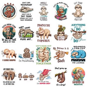 Peut inclure: Une collection de vingt illustrations de paresseux en dessin animé présentant diverses poses et légendes humoristiques. Les motifs incluent des paresseux lisant, méditant, faisant de la randonnée, dormant et portant des capes, dans des styles variés.