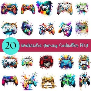 May include: A set of 20 watercolour gaming controller PNG images. Each controller has a unique design with vibrant colours and paint splatter effects. The controllers are in various colours, including red, blue, yellow, and green.