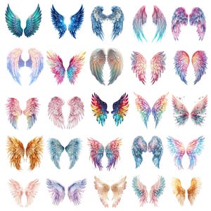 May include: A collection of watercolor-style angel wings in various colors, including teal, blue, pink, and gold. Each pair of wings features intricate feather details and a soft, ethereal appearance. The wings are arranged in a grid pattern.