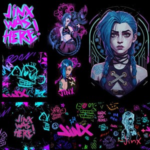 May include: A collection of images featuring the character Jinx from the animated series Arcane. The images showcase Jinx in various poses, with vibrant neon pink and blue accents against a black background. Text includes "Jinx Was Here!" and "BOOM!"