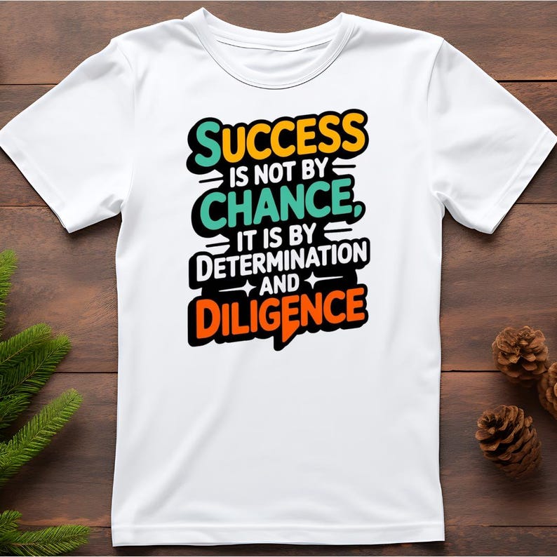 May include: White t-shirt with the text "Success is not by chance, it is by determination and diligence" in a colorful, bold font. The design features yellow, green, black, orange, and white colors. The shirt is displayed on a wooden surface.