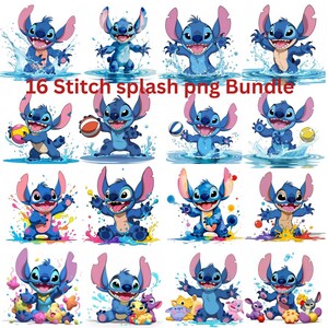 Puede incluir: Un conjunto de 16 ilustraciones digitales de Stitch, el personaje azul. Las imágenes muestran a Stitch en varias poses dinámicas, a menudo con salpicaduras de agua y colores vibrantes. El texto "16 Stitch splash png Bundle" es visible.
