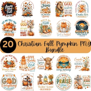 Puede incluir: Una colección digital de 20 diseños gráficos cristianos con temática otoñal que incluyen calabazas, girasoles, cruces y textos religiosos inspiradores. Cada ilustración incorpora colores otoñales como naranja, marrón y dorado, mostrando diversas citas basadas en la fe y motivos estacionales.