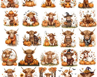 PNG-Bundle mit Hochlandrindern im Herbst: Halloween-Kürbisgewürz-Designs (Digitaler Download)