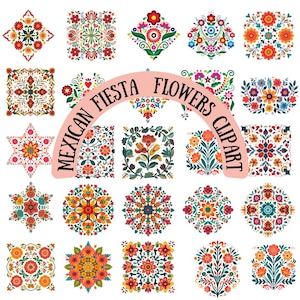 May include: A selection of colourful Mexican Fiesta flower clipart designs. The designs feature various floral patterns in vibrant colours like red, orange, blue, and green. The text "Mexican Fiesta Flowers Clipart" is arched across the top.