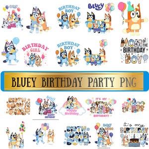 May include: A collection of PNG images featuring the animated characters from the show Bluey. The images include characters with balloons, birthday cakes, and text that says "Birthday Boy", "Birthday Girl", and "Happy Birthday".