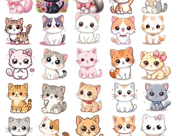 Paquete de imágenes prediseñadas de gatos kawaii / Pegatinas PNG de gatitos en tonos pastel (Descarga digital)