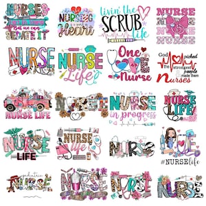 May include: A selection of vibrant graphic designs with medical themes. The designs incorporate phrases such as "Nurse Life" and "Scrub Life," alongside medical instruments like stethoscopes and syringes. The colour scheme includes pink, teal, and leopard print.