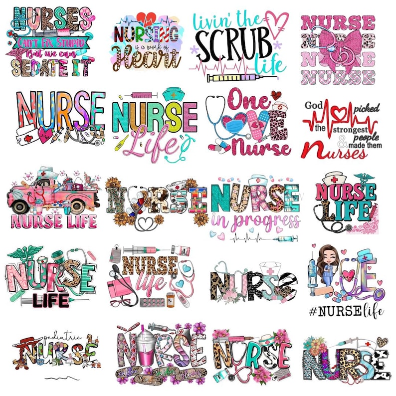 May include: A selection of vibrant graphic designs with medical themes. The designs incorporate phrases such as "Nurse Life" and "Scrub Life," alongside medical instruments like stethoscopes and syringes. The colour scheme includes pink, teal, and leopard print.