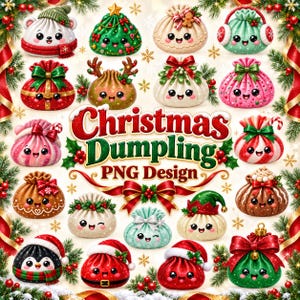 Puede incluir: Una colección de veintiún dumplings navideños ilustrados con caras sonrientes, decorados con lazos, gorros y motivos festivos. El texto central dice Christmas Dumpling PNG Design, rodeado de ramas de pino y bayas rojas.