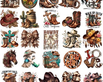 Paquete de imágenes PNG de estilo retro western / Diseños de vaqueros, vaqueras y rodeo (descarga digital)