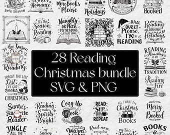 May include: A bundle of 28 Christmas-themed reading designs in SVG and PNG formats. The designs include festive quotes and illustrations related to books, reading, and the holiday season. Ideal for creating holiday crafts and decorations.