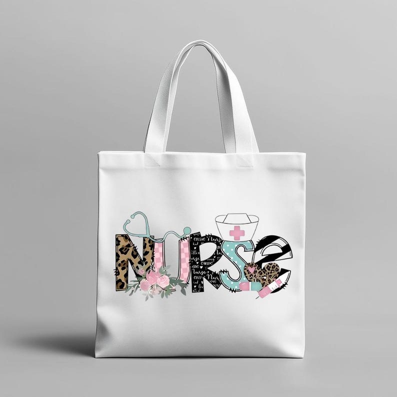 May include: White tote bag with the word "Nurse" in a colourful design. The letters have a leopard print, floral, and medical-themed accents, including a stethoscope, nurse's cap, and syringe. The bag is ideal for carrying books, groceries, or personal items.