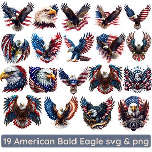 May include: A selection of 19 American bald eagle designs in red, white, and blue. The images feature eagles with spread wings, eagle heads, and eagles with American flag elements. Text at the bottom reads "19 American Bald Eagle svg & png."