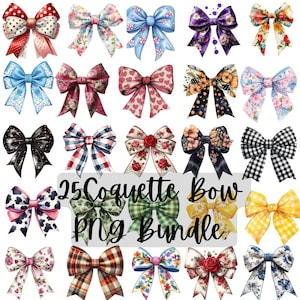 Könnte beinhalten: Eine Sammlung von 25 Coquette-Schleifen in verschiedenen Designs. Die Schleifen weisen verschiedene Muster auf, darunter Blumen, Punkte, Vichy-Karo und Herzmotive. Die Farbpalette umfasst Rot, Rosa, Blau, Gelb und Schwarz. Der Text auf dem Bild lautet "25 Coquette Bow PNG Bundle."