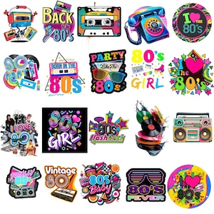 以下が含まれることがあります： カラフルな80年代をテーマにしたグラフィックのコレクション。デザインには、カセットテープ、ラジカセ、ローラースケート、サングラス、「Back to the 80s」、「Party Like the 80s」、「I Love the 80s」の文字が含まれています。