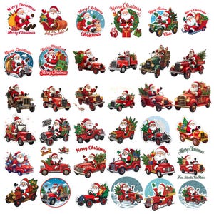Pode incluir: Uma coleção de autocolantes com o tema Natal, com o Pai Natal em várias poses. O Pai Natal é retratado num trenó, camião e carro, com as palavras "Merry Christmas" em muitos dos autocolantes. Os autocolantes são vermelhos, brancos e verdes.