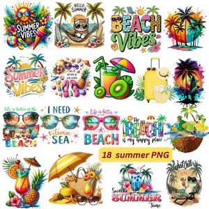 以下が含まれることがあります： 夏のテーマの18個のPNGグラフィックのコレクション。デザインには、サングラス、トロピカルドリンク、ビーチシーン、「Summer Vibes」や「Beach Vibes」などのテキストが含まれています。画像は明るい色で、漫画のスタイルです。