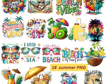 May include: A set of 18 summer PNG graphics featuring beach scenes, cocktails, and sunglasses. Text includes "Beach Vibes" and "Summer Vibes." The illustrations are colourful and cartoon-like, ideal for digital design and crafting projects.