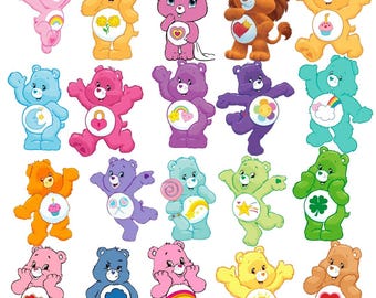 May include: A collection of colorful Care Bears in various poses. Each bear has a unique color and belly badge, including hearts, rainbows, and flowers. The bears are in shades of pink, blue, yellow, orange, purple, and green.