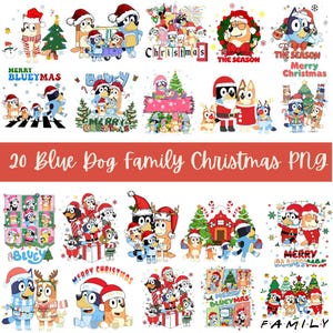 May include: A collection of 20 PNG images featuring the Bluey dog family in Christmas-themed designs. Each image showcases the characters in Santa hats, with Christmas trees, and festive text like "Merry Christmas" and "Bluey Christmas".