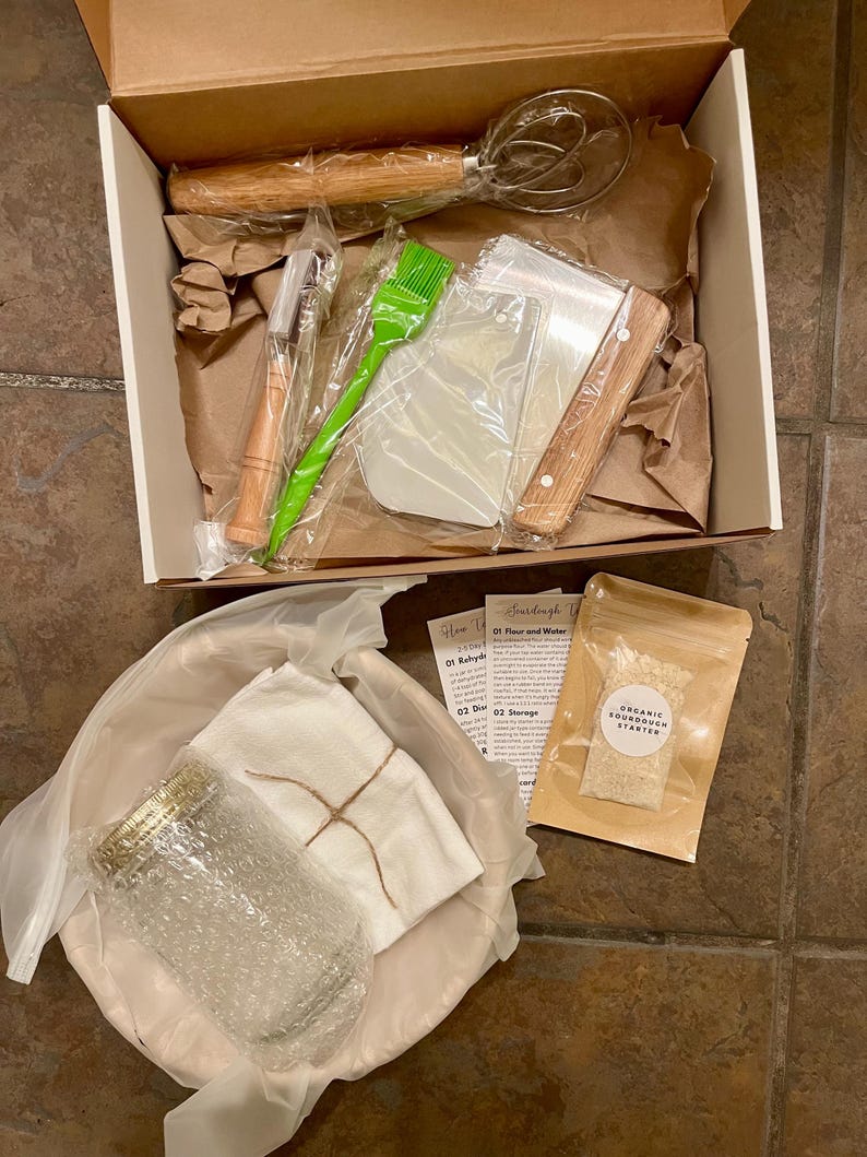 Kit completo para hacer masa madre: masa madre deshidratada orgánica, cesta de madera para banneton, herramientas e instrucciones. Kit para principiantes en la elaboración de pan. imagen 5