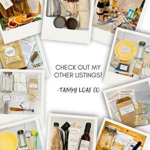 Puede incluir: Una colecci&oacute;n de varios kits e ingredientes, incluyendo botellas, frascos y paquetes, dispuestos sobre fondos blancos. Algunos kits incluyen instrucciones y etiquetas. El texto "CHECK OUT MY OTHER LISTINGS! -TANGY LOAF CO" es visible.