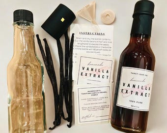 DIY Vanilla Extract Kit - DIY Gift Kit with Tahitian Vanilla Beans, 5oz Bottle, Funnel, Labels & Instructions
