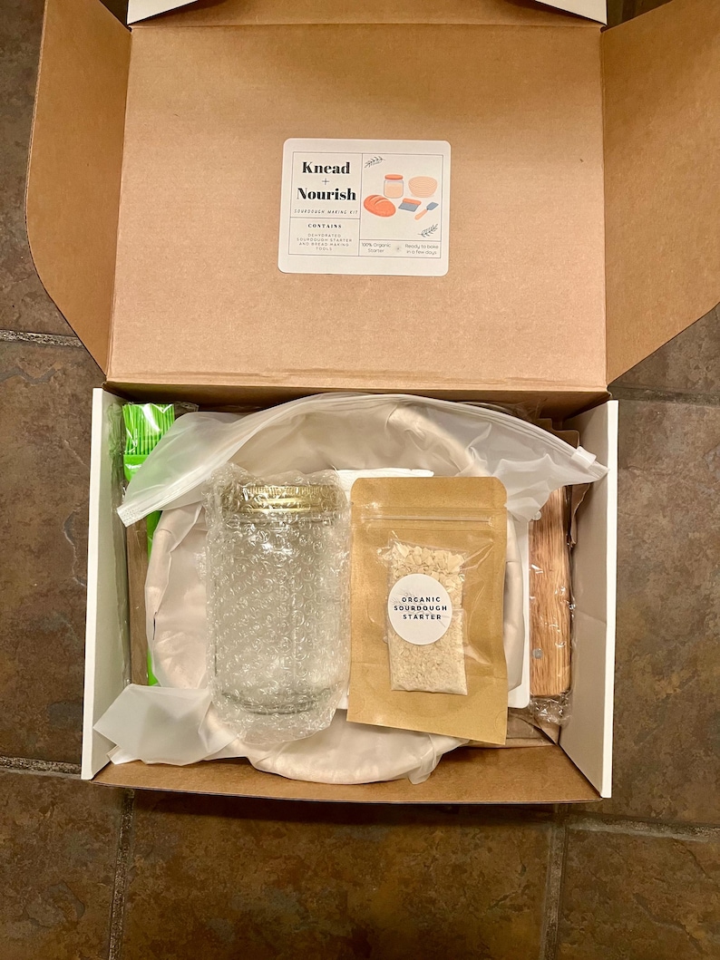 Kit completo para hacer masa madre: masa madre deshidratada orgánica, cesta de madera para banneton, herramientas e instrucciones. Kit para principiantes en la elaboración de pan. imagen 6