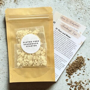 May include: A package containing gluten-free sourdough starter, with a clear window showing the dried starter. The package is in a tan paper envelope. Instructions on rehydrating sourdough are included.