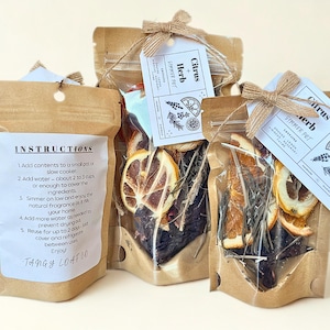 Puede incluir: Varios sobres de papel marrón llenos de rodajas de cítricos secos, hierbas y especias. Cada sobre tiene una etiqueta que dice "Citrus + Herb Simmer Pot". Un sobre tiene instrucciones.