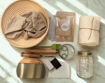 Complete Sourdough Making Kit - Organic Dehydrated Starter, Wooden Banneton Basket, Tools & Instructions - Beginner Bread Baking Kit