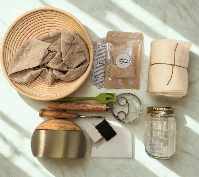 Complete Sourdough Making Kit - Organic Dehydrated Starter, Wooden Banneton Basket, Tools & Instructions - Beginner Bread Baking Kit