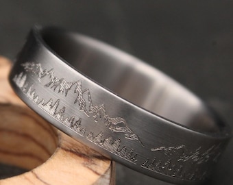 Engraved Titanium Ring, Mountain Landscape Band, Custom Unisex Jewelry