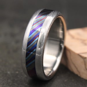 Colorful Timascus Ring, Mens Unique Wedding Band, Men Promise Ring Titanium Damascus Ring, Personalized Unisex Jewelry, Wedding Gift for Him