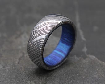 Damascus Steel Men Blue Wood Wedding Band, Men Unique Engagement Ring, Whiskey Barrel Damascus Steel Rings , Valentines Gift for Him