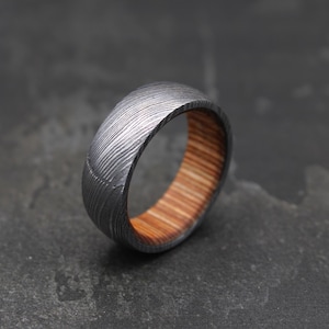 Damascus Steel Rings Wood Inlay Engagement Ring Wedding Band Damascus Steel Whiskey Barrel Steel Rings Mens Promise Ring Wood Wedding Ring