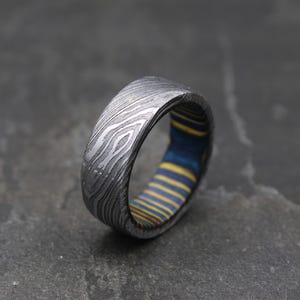 Twist Damascus Flat Ring, Hand Forged Damascus Steel Wood Wedding Band, Men Engagement Ring, Mens Silver Ring, Promise Ring for Him