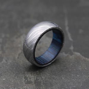 Damascus Steel Whiskey Barrel Blue Wood Inlay Wedding Ring Damascus Steel Rings Wood Inlay Mens Promise Ring Engagement Ring Wedding Band