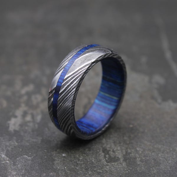 Handmade Damascus Steel Ring: Whiskey Barrel Wood Wedding Band