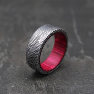 Damascus Steel Ring Men Wood Wedding Band, Twist Damascus Steel Ring Flat Shape Damascus Ring, Mens Silver Ring, Promise Ring for Him