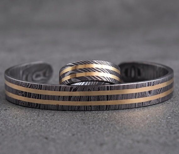 Damascus Steel Ring Bracelet Set | Hand Forged Brass Inlay Men's Jewelry