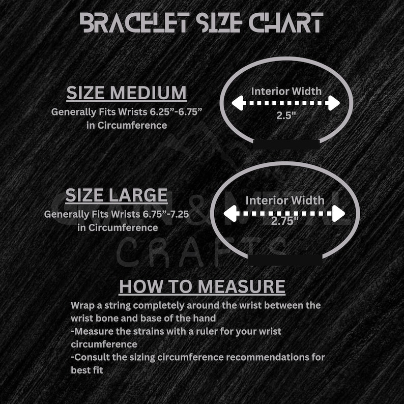 Op de afbeelding: Een armbandmaattabel met de tekst "BRACELET SIZE CHART". De tabel bevat maatadviezen voor middelgrote en grote armbanden, met binnenbreedtematen van 6,35 cm en 6,99 cm. Instructies over hoe de pols te meten zijn ook inbegrepen.