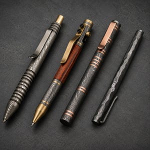 Puede incluir: Cuatro bolígrafos con diseños únicos. Uno tiene un clip plateado y un agarre texturizado. Otro presenta un cuerpo de madera con un clip dorado. El tercer bolígrafo tiene detalles cobrizos, y el cuarto tiene un diseño simple y texturizado. Todos los bolígrafos tienen un acabado oscuro y estampado.
