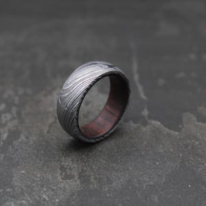 Damascus Steel Whiskey Barrel Dome Ring Engagement Ring Wedding Ring Wood Wedding Band Promise Ring Wood Inlay Damascus Steel Ring Him Her