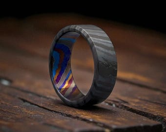 Handmade Black Zirconium Timascus Ring: Colorful Damascus Titanium Wedding Band