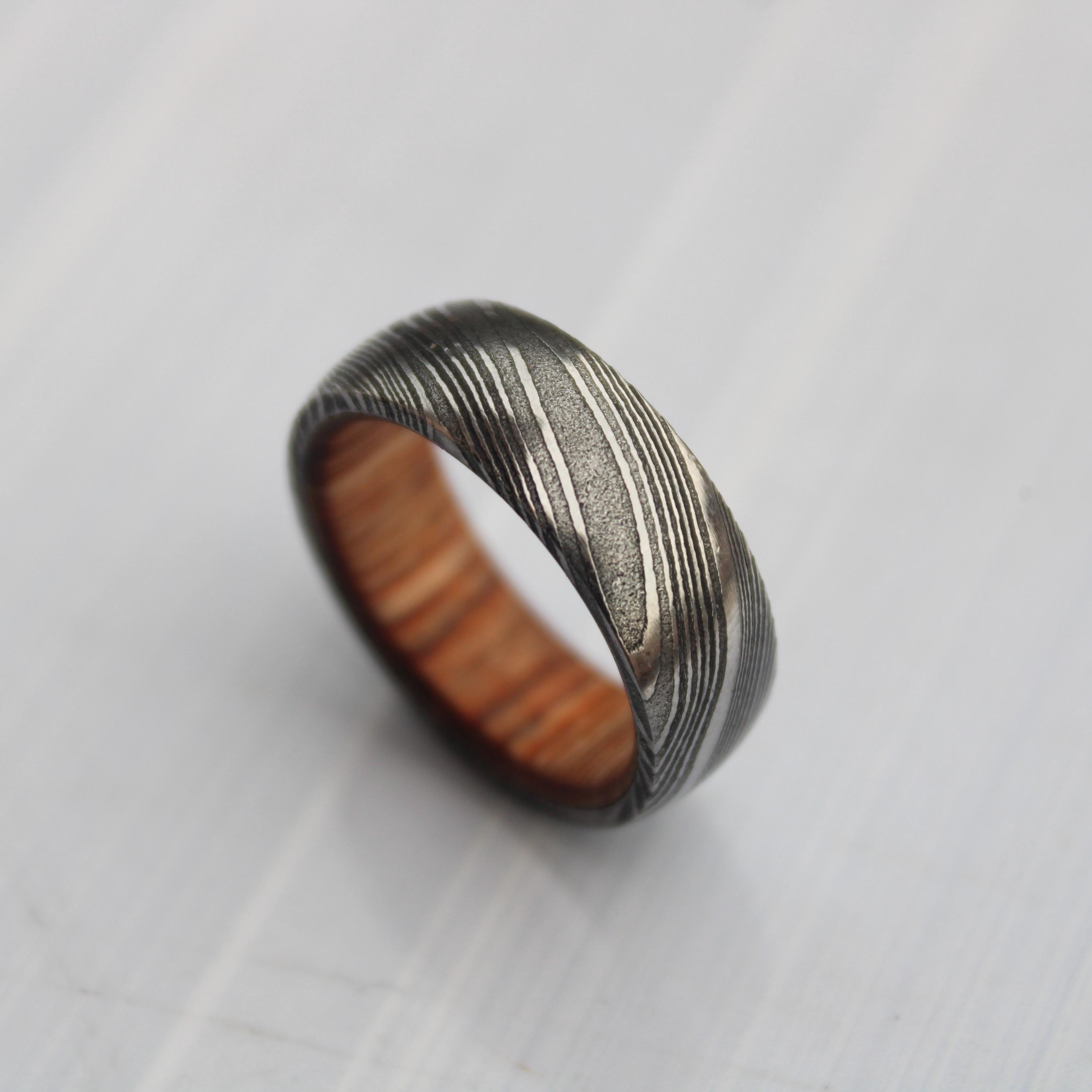 Damascus Steel Rings Wood Inlay Engagement Ring Wedding Band Damascus Steel Whiskey Barrel Steel Rings Mens Promise Ring Wood Wedding Ring