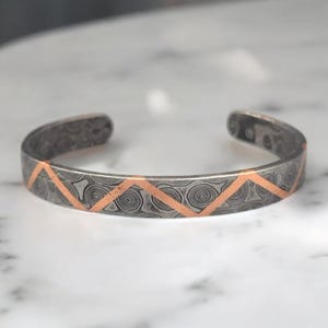 Hand Forged Damascus Steel Cuff Bracelet with Antique Copper Lining Viking Modern Jewelry Unique Bracelet Damascus Oath Ring