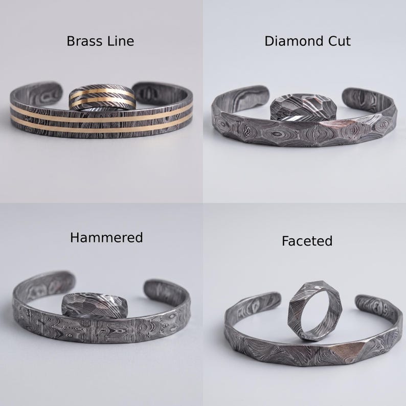 Op de afbeelding: Vier sieradensets: een armband en ring met een messing lijnontwerp, een diamantgeslepen armband en ring, een gehamerde armband en ring en een gefacetteerde armband en ring. Alle stukken zijn zilver en grijs.